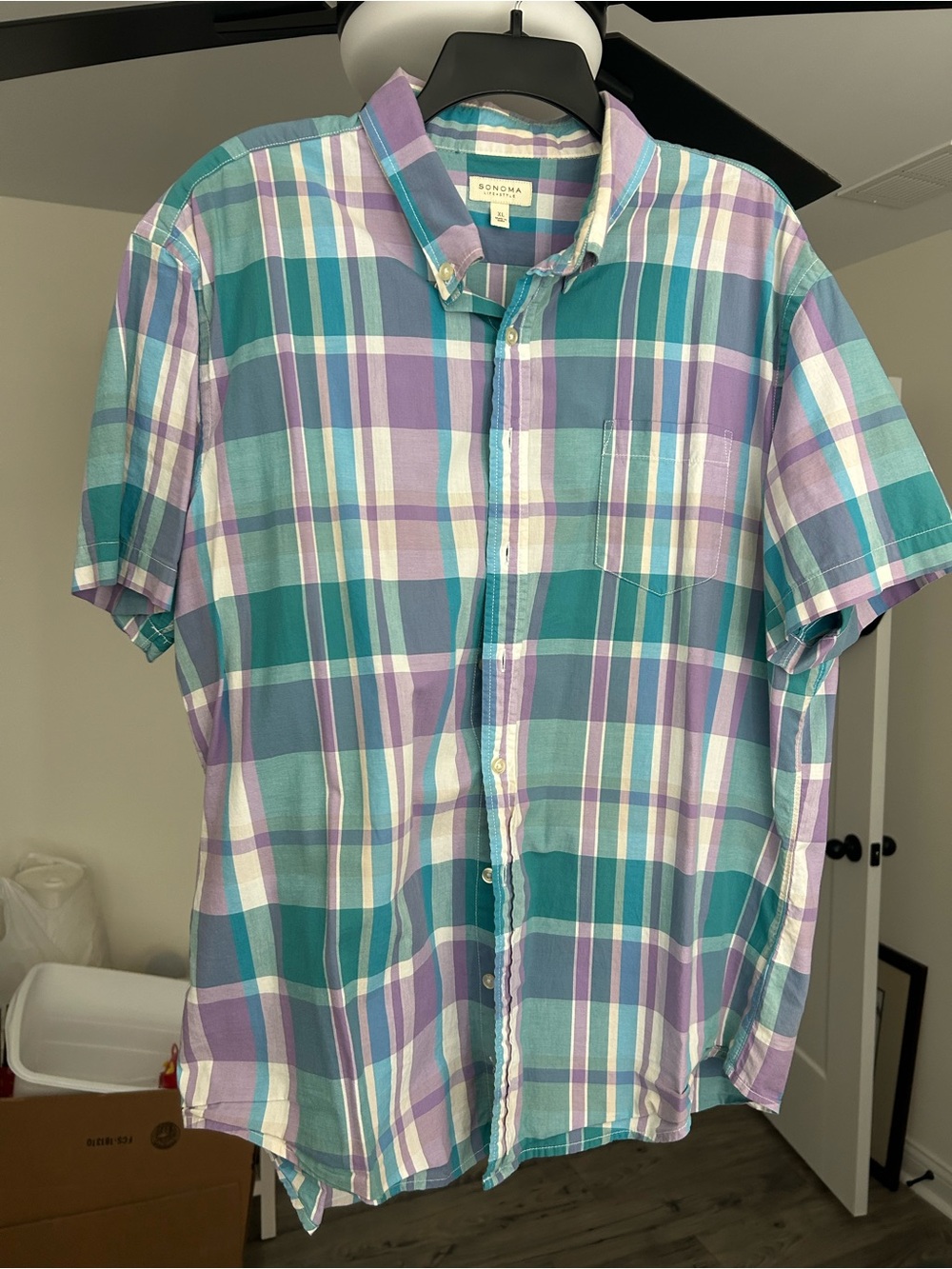 Sonoma Short-Sleeve Plaid Button-Down Shirt in Teal, Purple & White